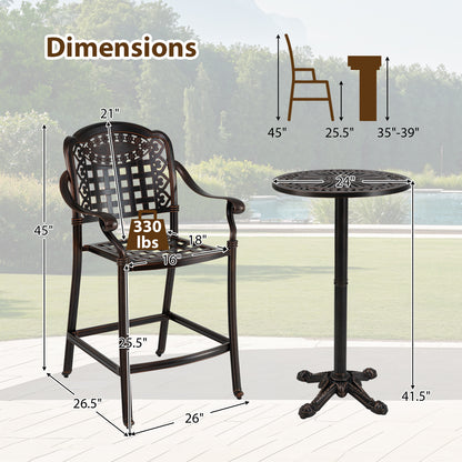 3 Piece Patio Bar Set Outdoor Cast Aluminum Round High Top Table 2 Counter Height Bar Stools