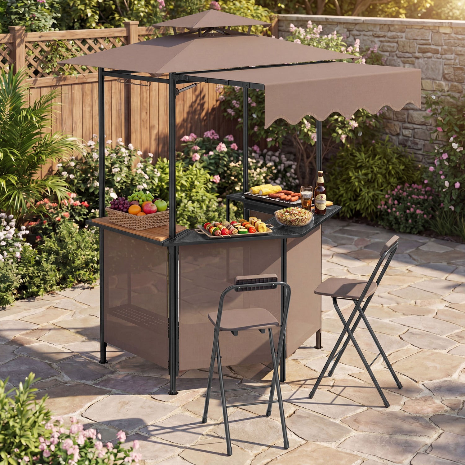 3-Piece Patio Bar Set with Grill Gazebo, 2 Folding Stools, Brown Patio Bar Furniture at Gallery Canada