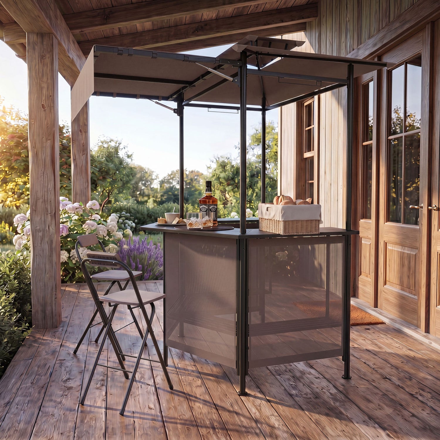 3-Piece Patio Bar Set with Grill Gazebo, 2 Folding Stools, Brown Patio Bar Furniture at Gallery Canada
