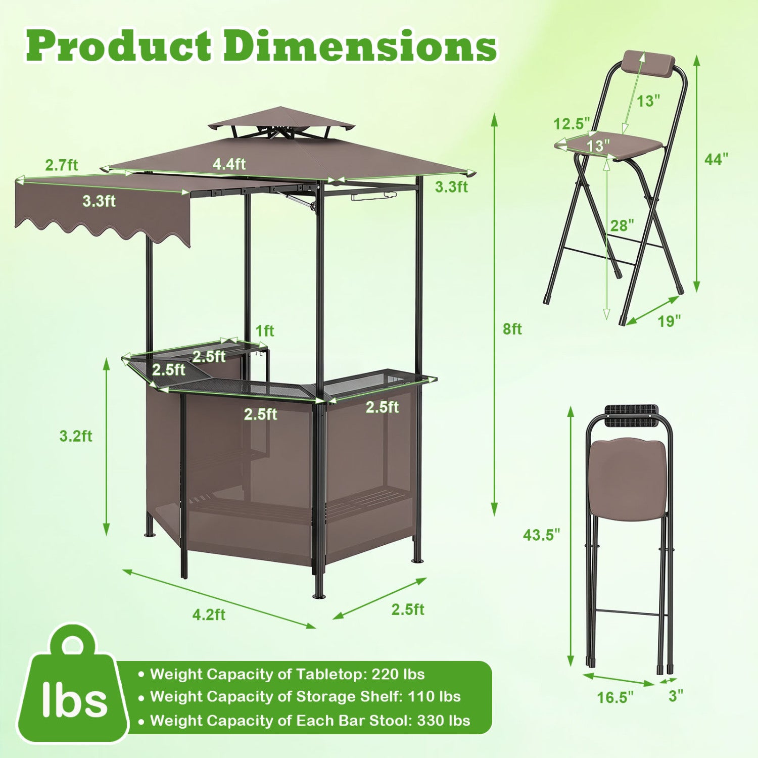 3-Piece Patio Bar Set with Grill Gazebo, 2 Folding Stools, Brown Patio Bar Furniture at Gallery Canada