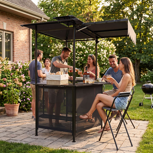 3-Piece Patio Bar Set, with Grill Gazebo & 2 Stools, Black