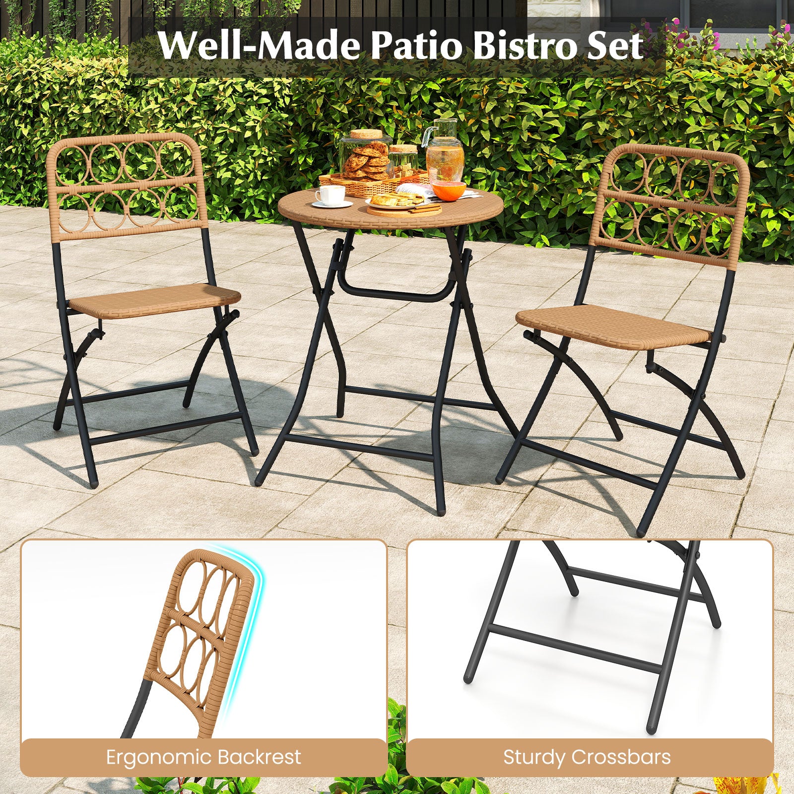 3 Piece Patio Bistro Set Folding Round Table and Chairs with Wicker Seat Patio Conversation Sets at Gallery Canada