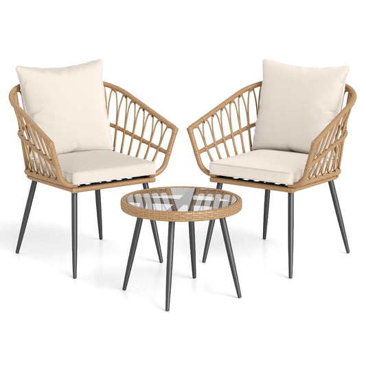 3 Piece Patio Bistro Set, PE Rattan Chairs, Tempered Glass Table, Natural Patio Conversation Sets Natural at Gallery Canada