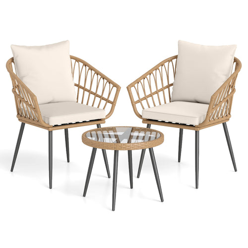 3 Piece Patio Bistro Set, PE Rattan Chairs, Tempered Glass Table, Natural