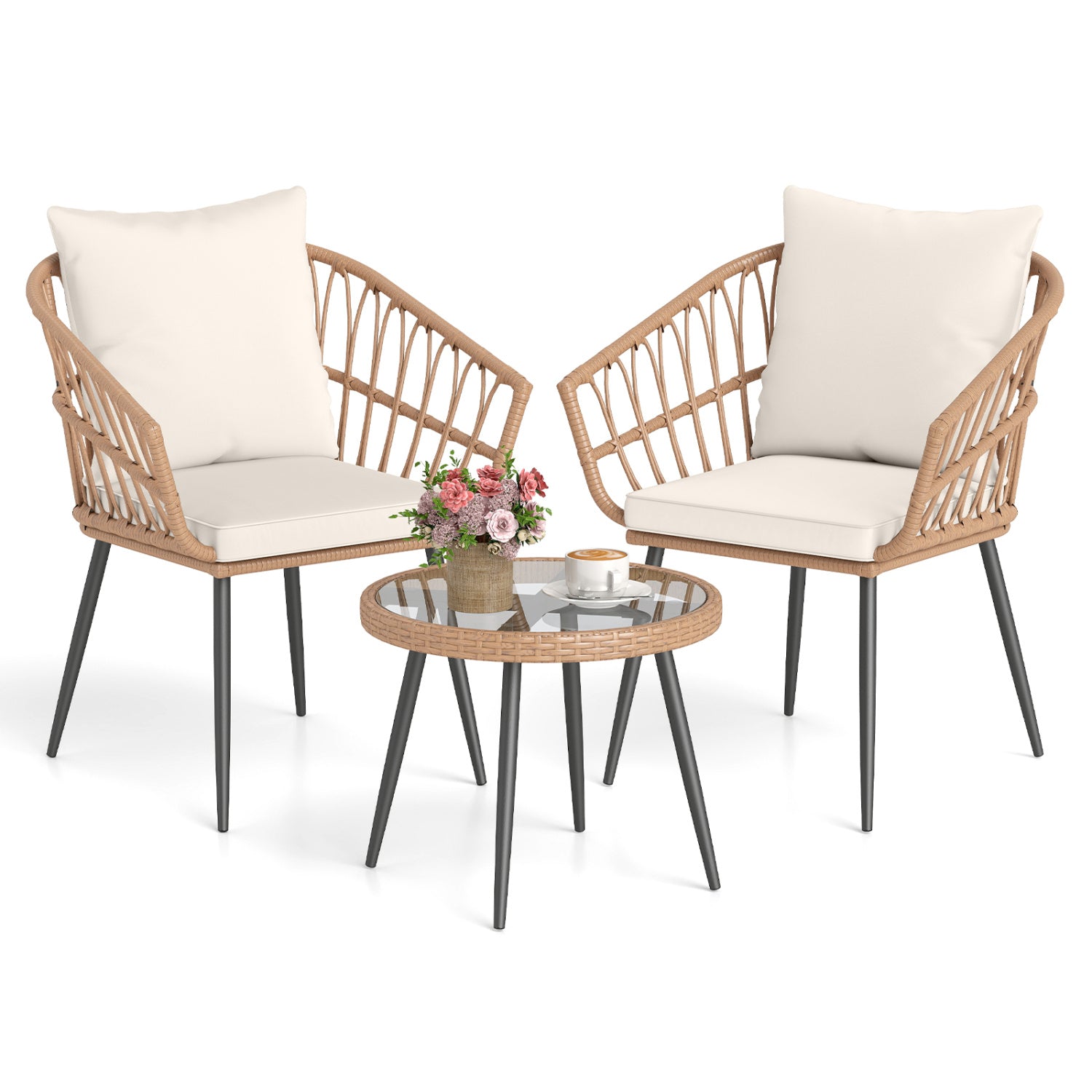 3 Piece Patio Bistro Set, PE Rattan Chairs, Tempered Glass Table, Natural Patio Conversation Sets at Gallery Canada