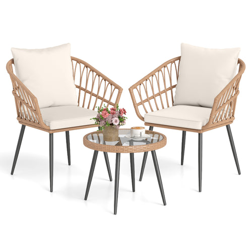 3 Piece Patio Bistro Set, PE Rattan Chairs, Tempered Glass Table, Natural