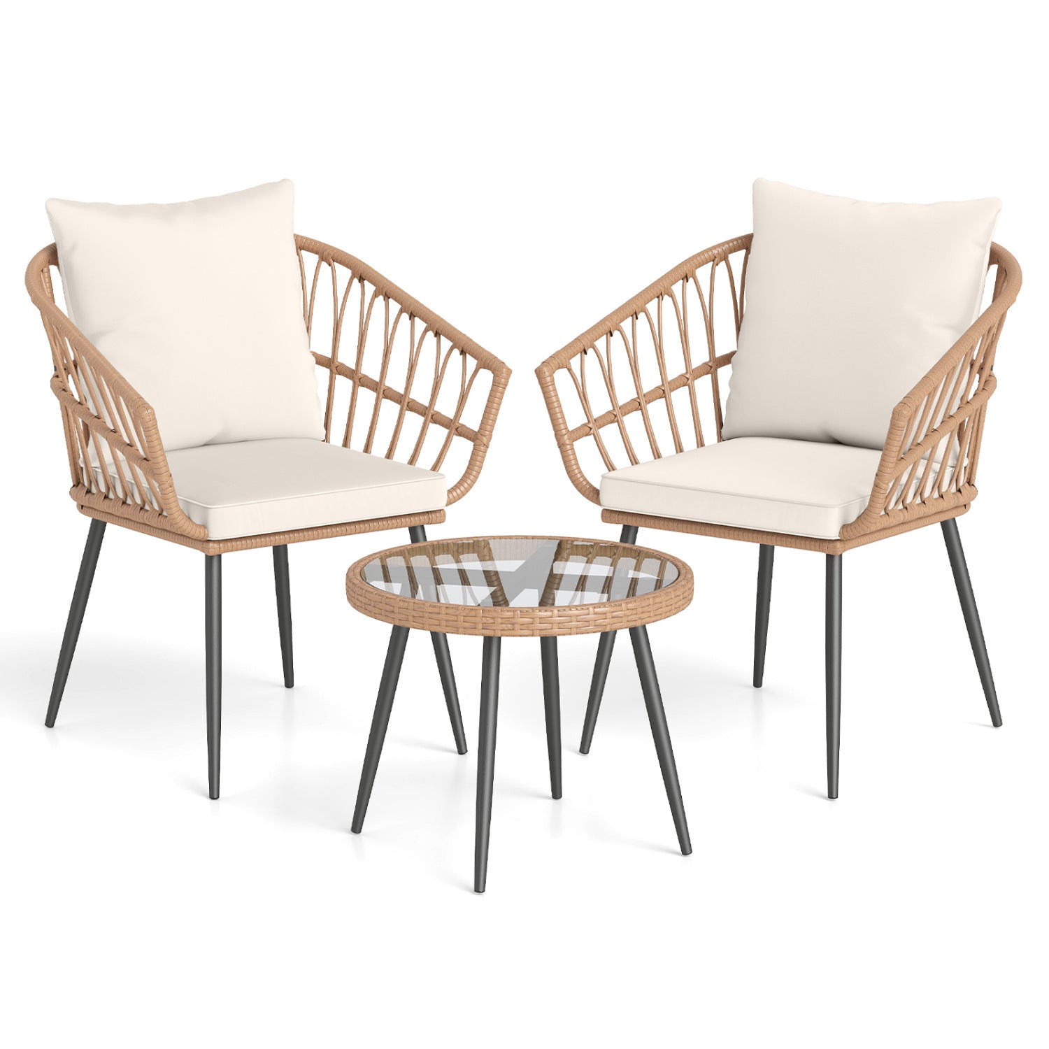 3 Piece Patio Bistro Set, PE Rattan Chairs, Tempered Glass Table, Natural Patio Conversation Sets at Gallery Canada