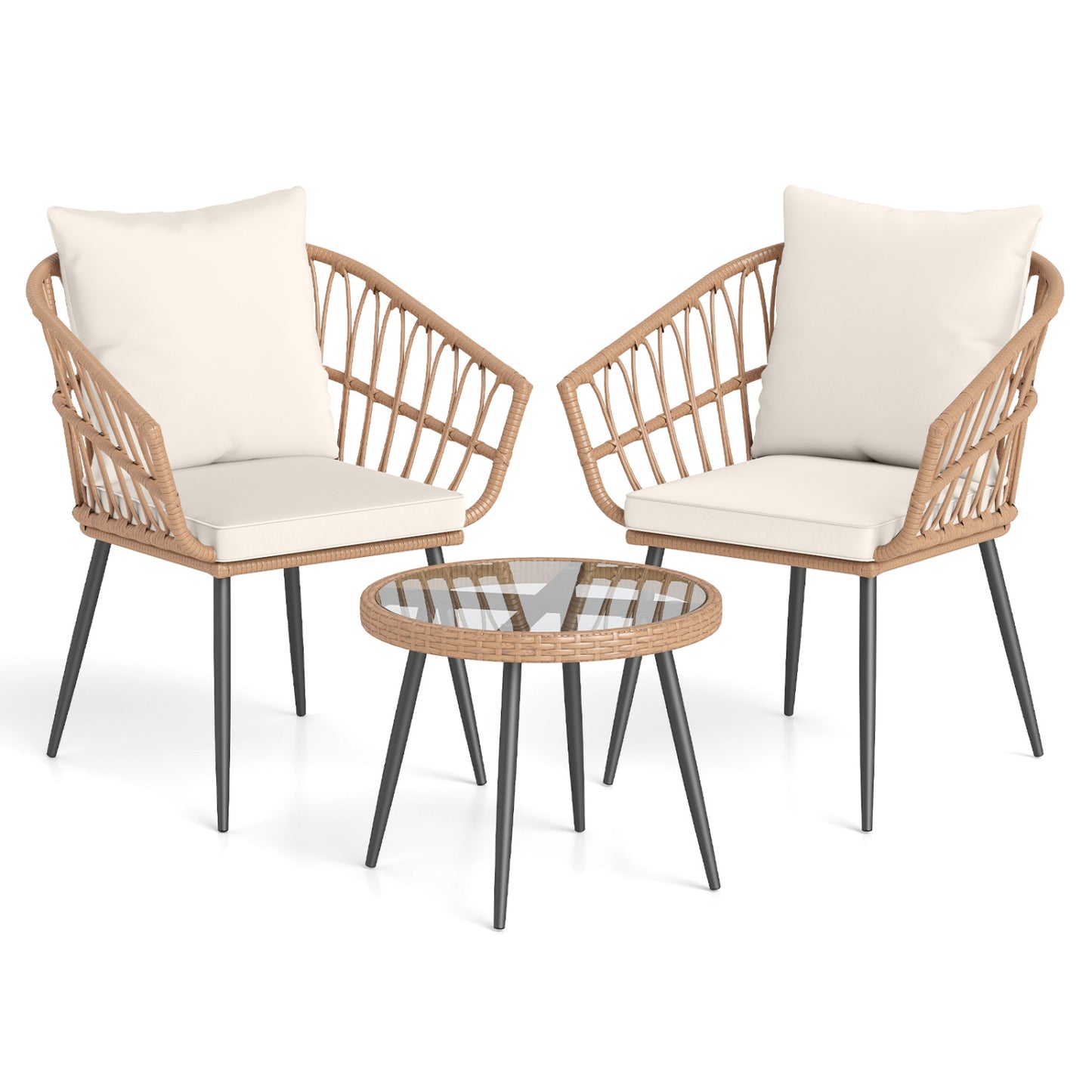 3 Piece Patio Bistro Set, PE Rattan Chairs, Tempered Glass Table, Natural Patio Conversation Sets at Gallery Canada