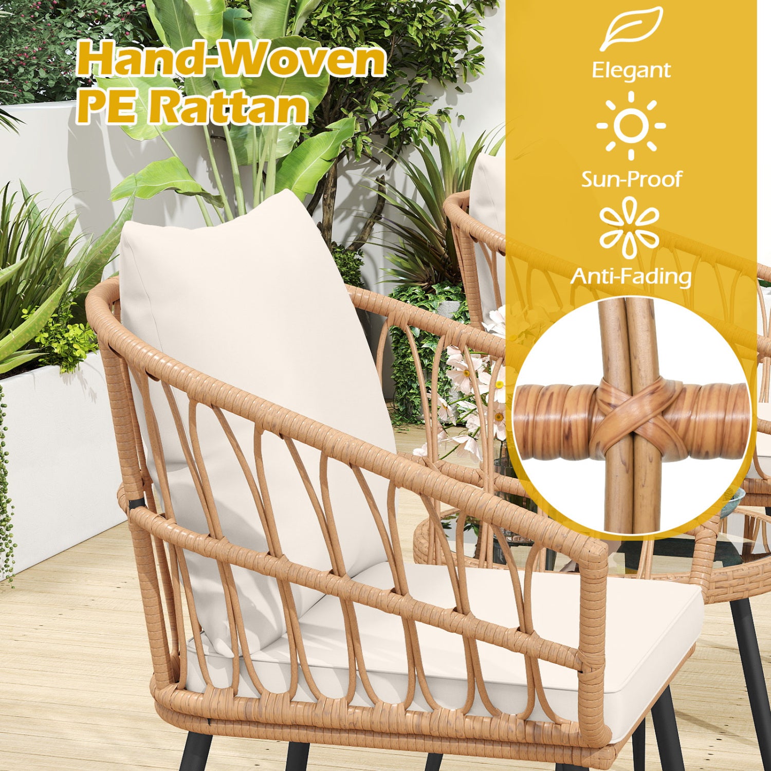 3 Piece Patio Bistro Set, PE Rattan Chairs, Tempered Glass Table, Natural Patio Conversation Sets at Gallery Canada