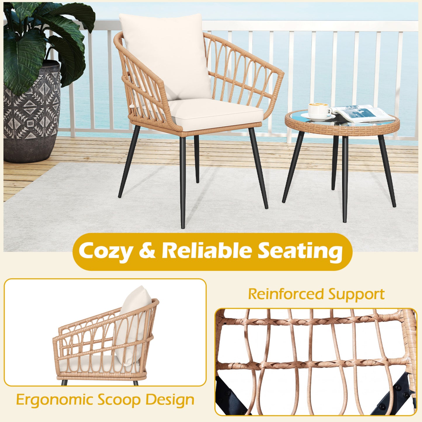 3 Piece Patio Bistro Set, PE Rattan Chairs, Tempered Glass Table, Natural Patio Conversation Sets at Gallery Canada