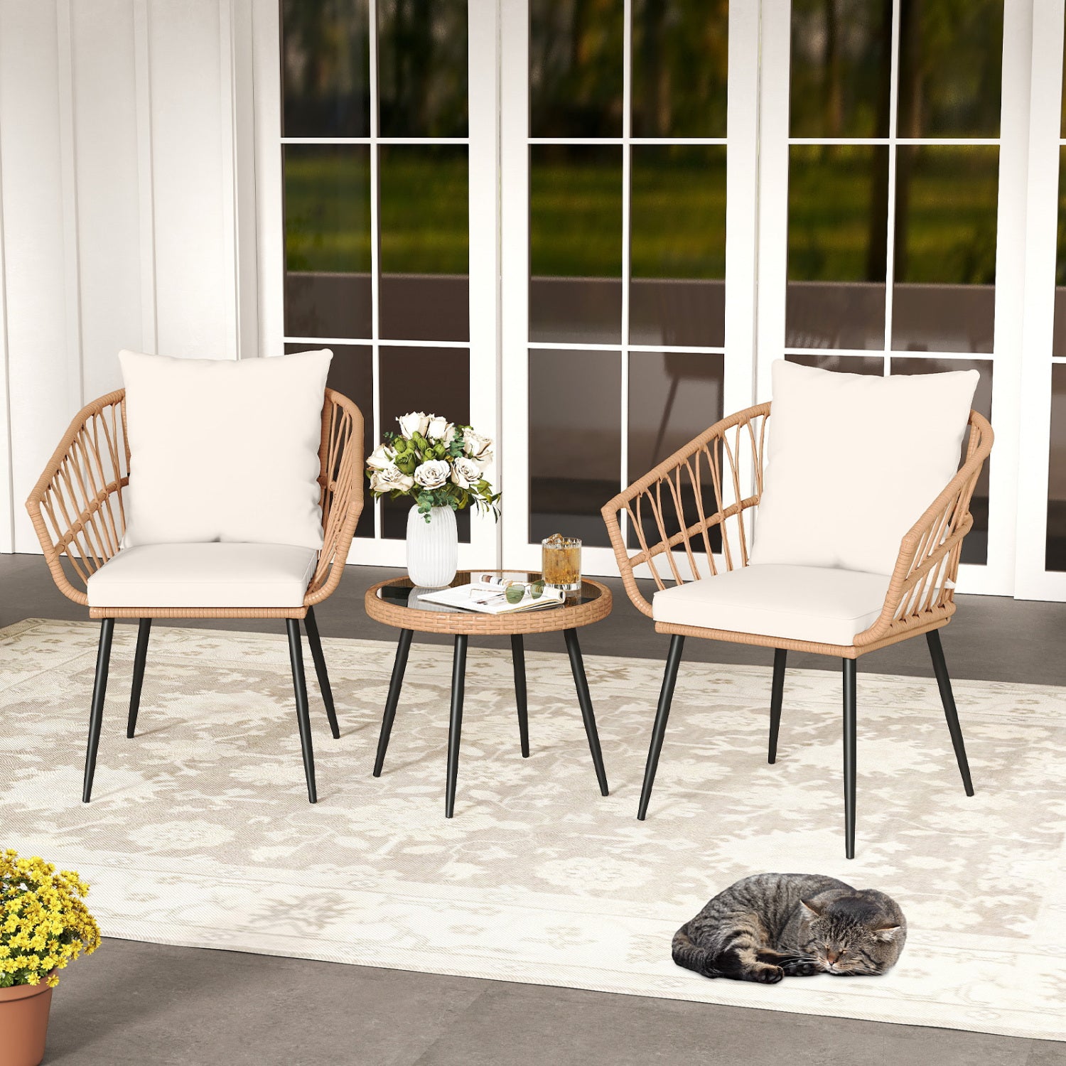 3 Piece Patio Bistro Set, PE Rattan Chairs, Tempered Glass Table, Natural Patio Conversation Sets at Gallery Canada
