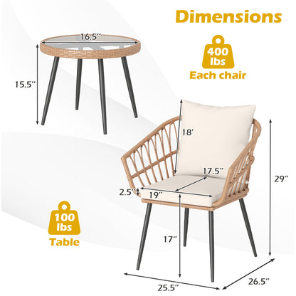 3 Piece Patio Bistro Set, PE Rattan Chairs, Tempered Glass Table, Natural Patio Conversation Sets at Gallery Canada