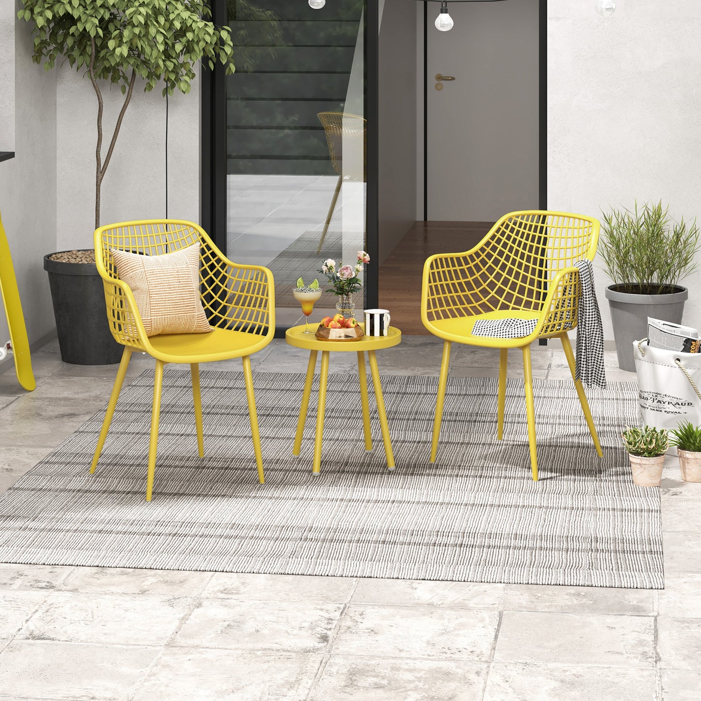 Ensemble de 3 chaises de patio, plateau en PP, jaune