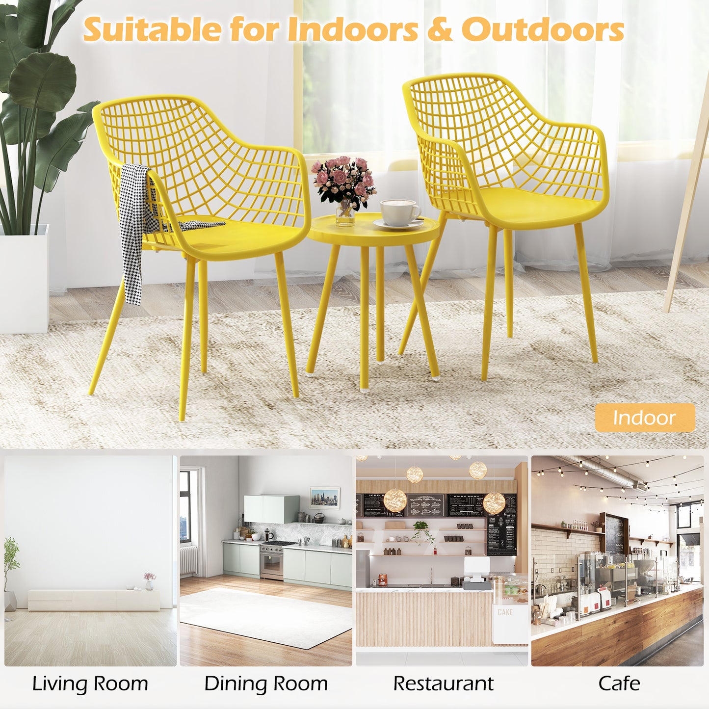 Ensemble de 3 chaises de patio, plateau en PP, jaune