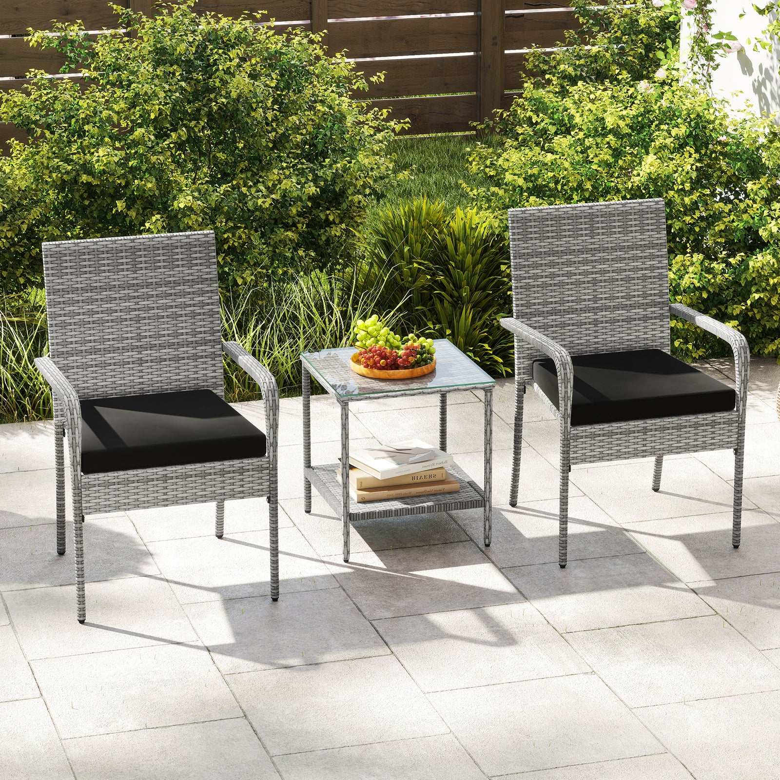 3 Piece Patio Furniture Set with Seat Cushions and Tempered Glass Tabletop for Balcony, Black Patio Furniture Sets at Gallery Canada