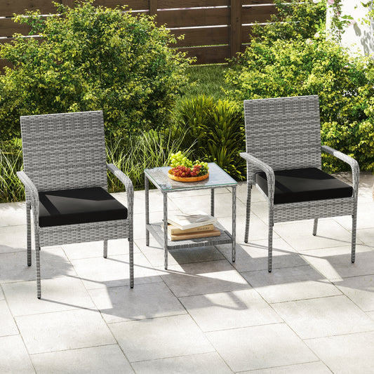 3 Piece Patio Furniture Set with Seat Cushions and Tempered Glass Tabletop for Balcony, Black Patio Furniture Sets Black at Gallery Canada