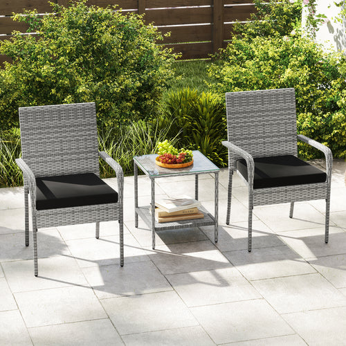 3 Piece Patio Furniture Set with Seat Cushions and Tempered Glass Tabletop for Balcony, Black
