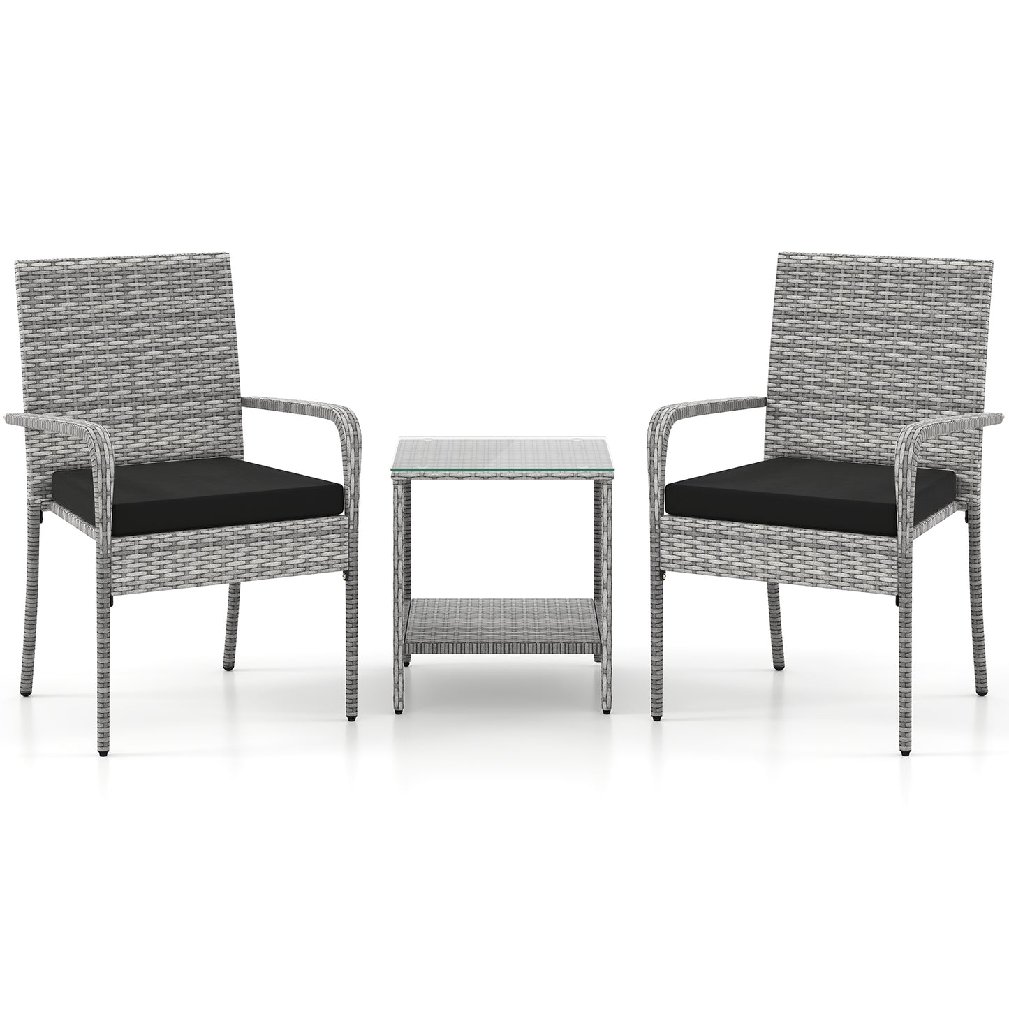 3 Piece Patio Furniture Set with Seat Cushions and Tempered Glass Tabletop for Balcony, Black Patio Furniture Sets Black at Gallery Canada