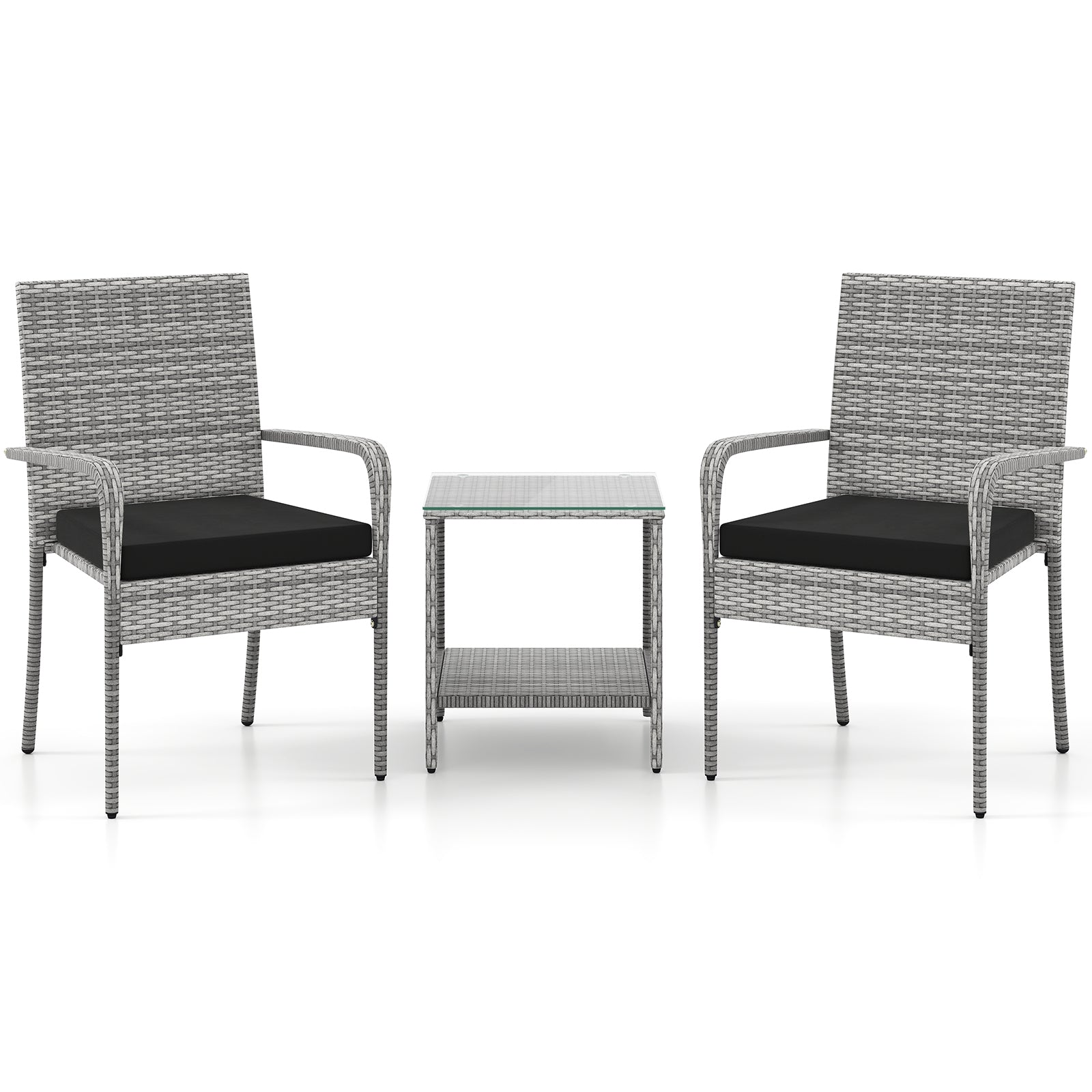 3 Piece Patio Furniture Set with Seat Cushions and Tempered Glass Tabletop for Balcony, Black Patio Furniture Sets Black at Gallery Canada