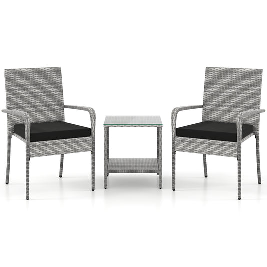 3 Piece Patio Set With Cushions, Tempered Glass Tabletop, Black