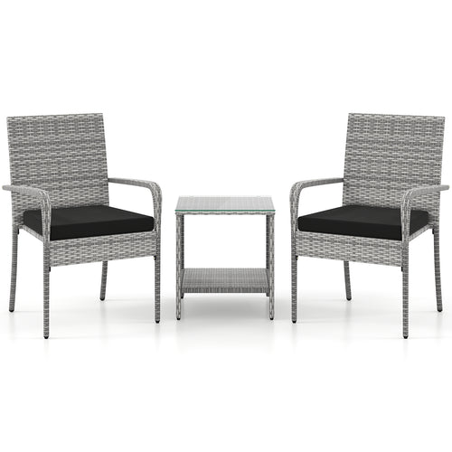 3 Piece Patio Set With Cushions, Tempered Glass Tabletop, Black