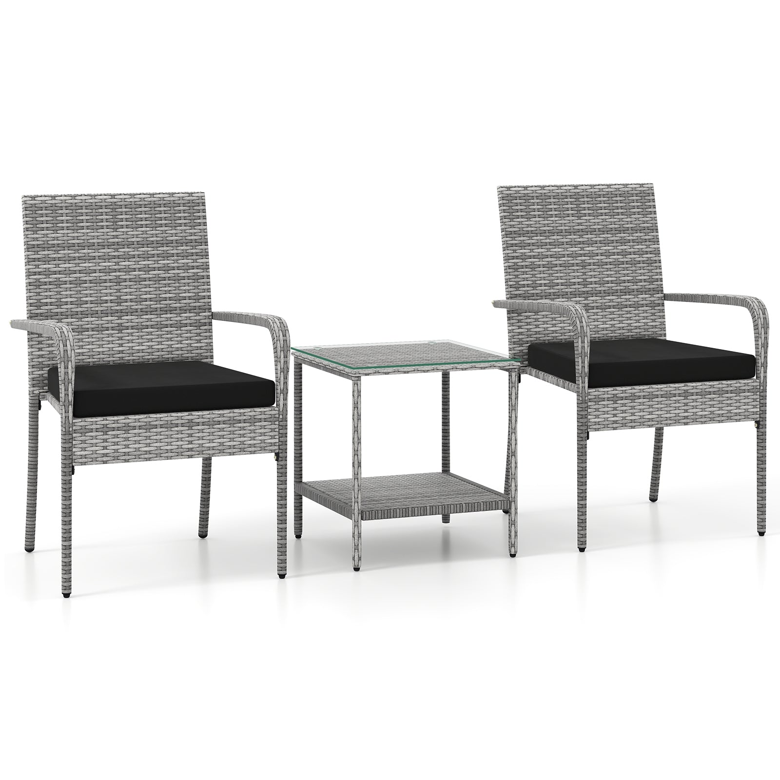 3 Piece Patio Furniture Set with Seat Cushions and Tempered Glass Tabletop for Balcony, Black Patio Furniture Sets at Gallery Canada