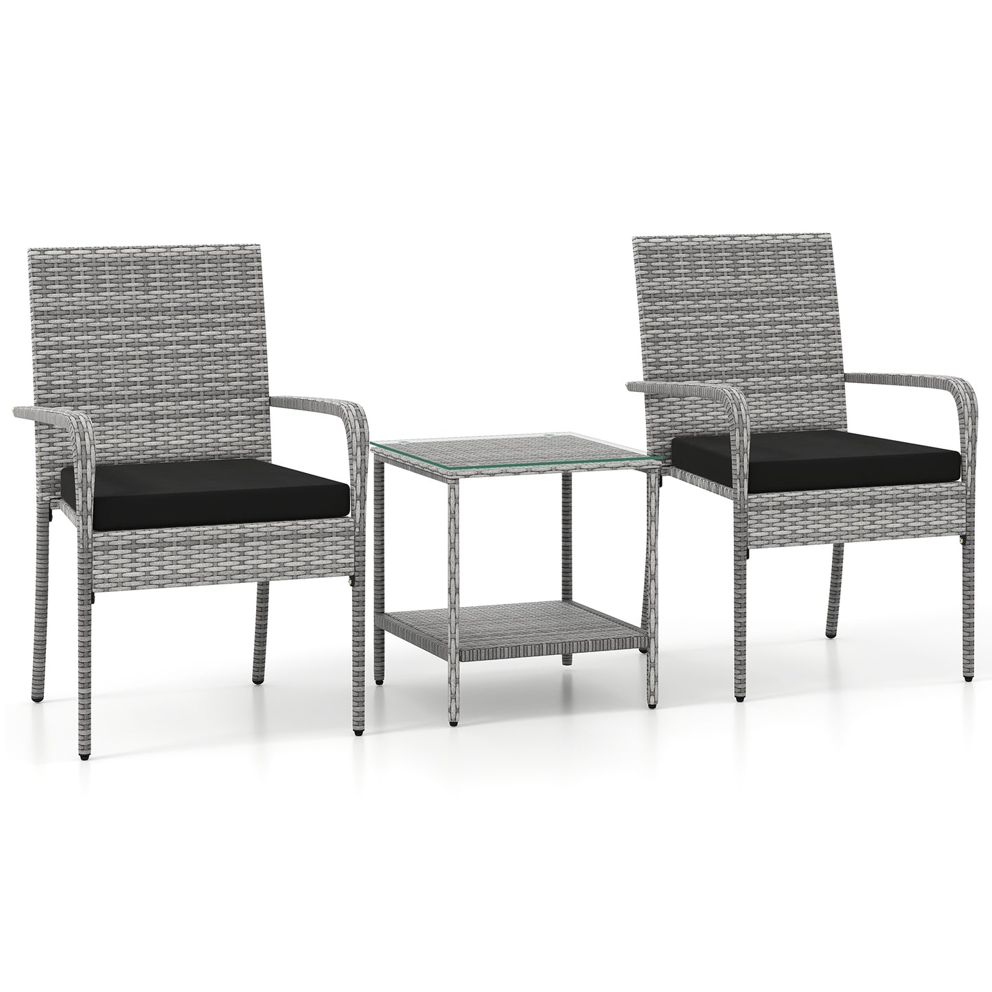 3 Piece Patio Furniture Set with Seat Cushions and Tempered Glass Tabletop for Balcony, Black Patio Furniture Sets at Gallery Canada