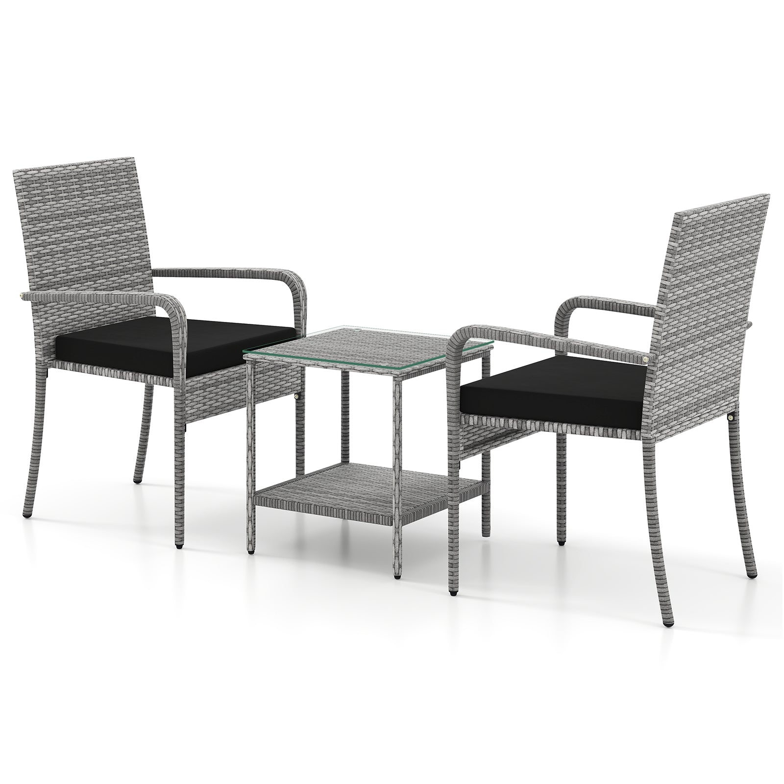 3 Piece Patio Furniture Set with Seat Cushions and Tempered Glass Tabletop for Balcony, Black Patio Furniture Sets at Gallery Canada