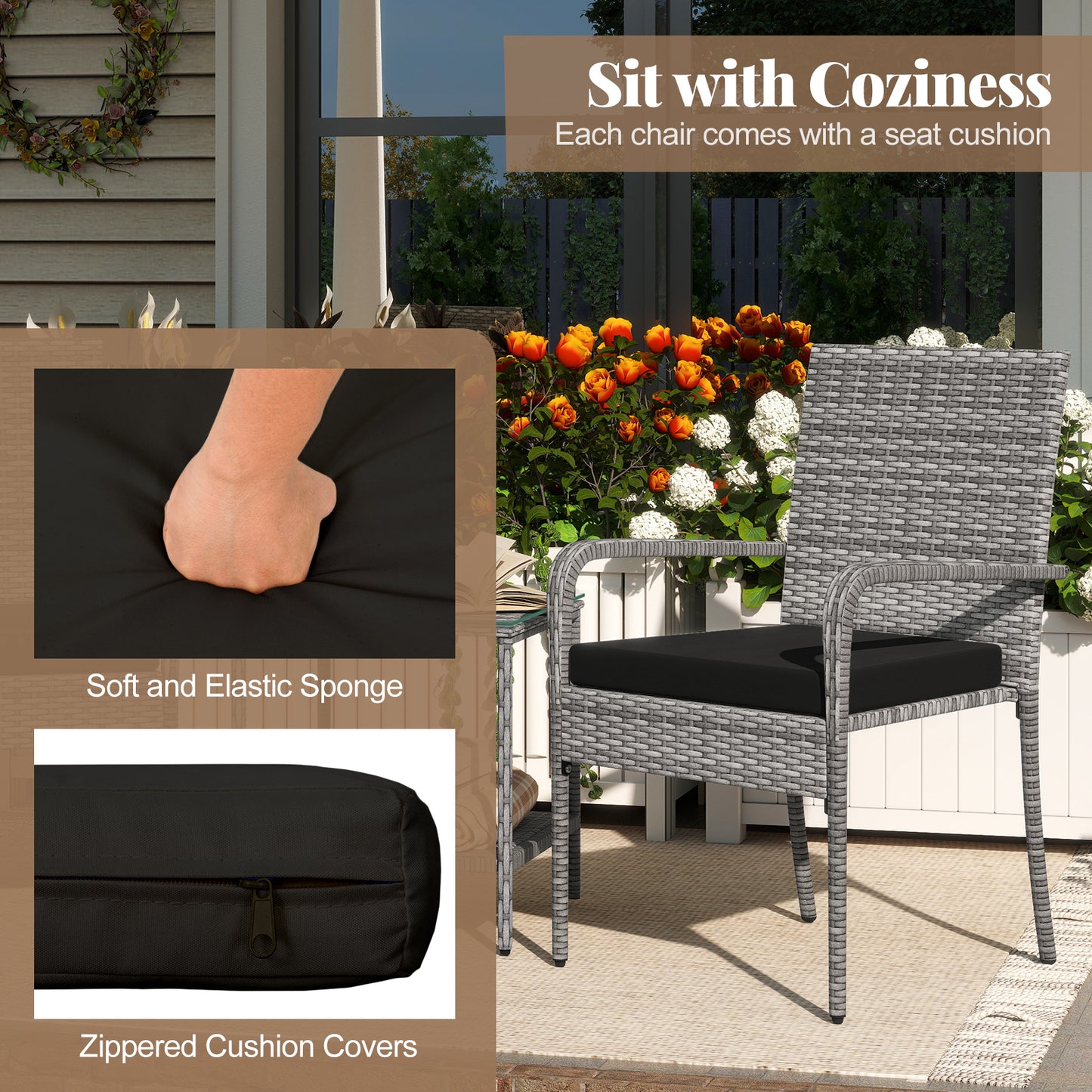 3 Piece Patio Furniture Set with Seat Cushions and Tempered Glass Tabletop for Balcony, Black Patio Furniture Sets at Gallery Canada