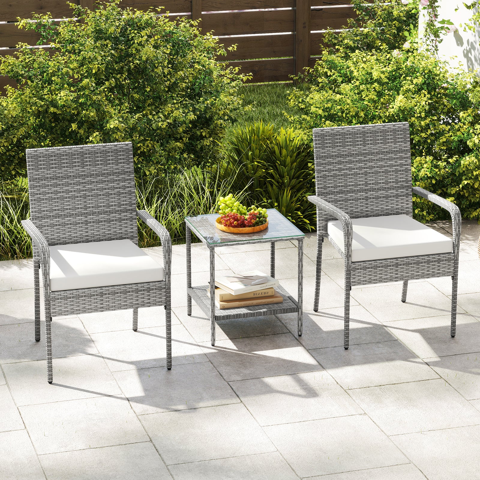 3 Piece Patio Furniture Set with Seat Cushions and Tempered Glass Tabletop for Balcony, White Patio Furniture Sets at Gallery Canada