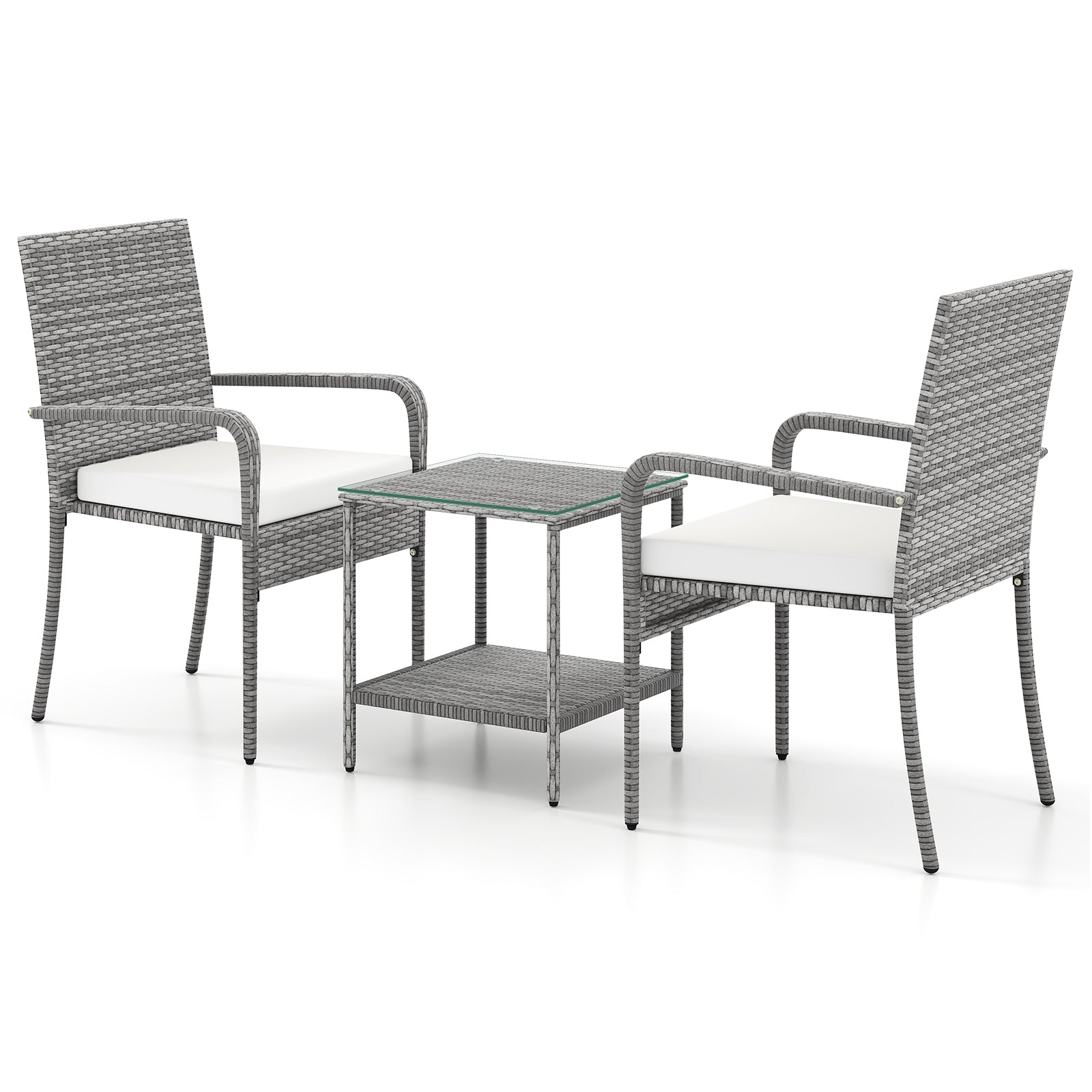 3 Piece Patio Furniture Set with Seat Cushions and Tempered Glass Tabletop for Balcony, White Patio Furniture Sets at Gallery Canada
