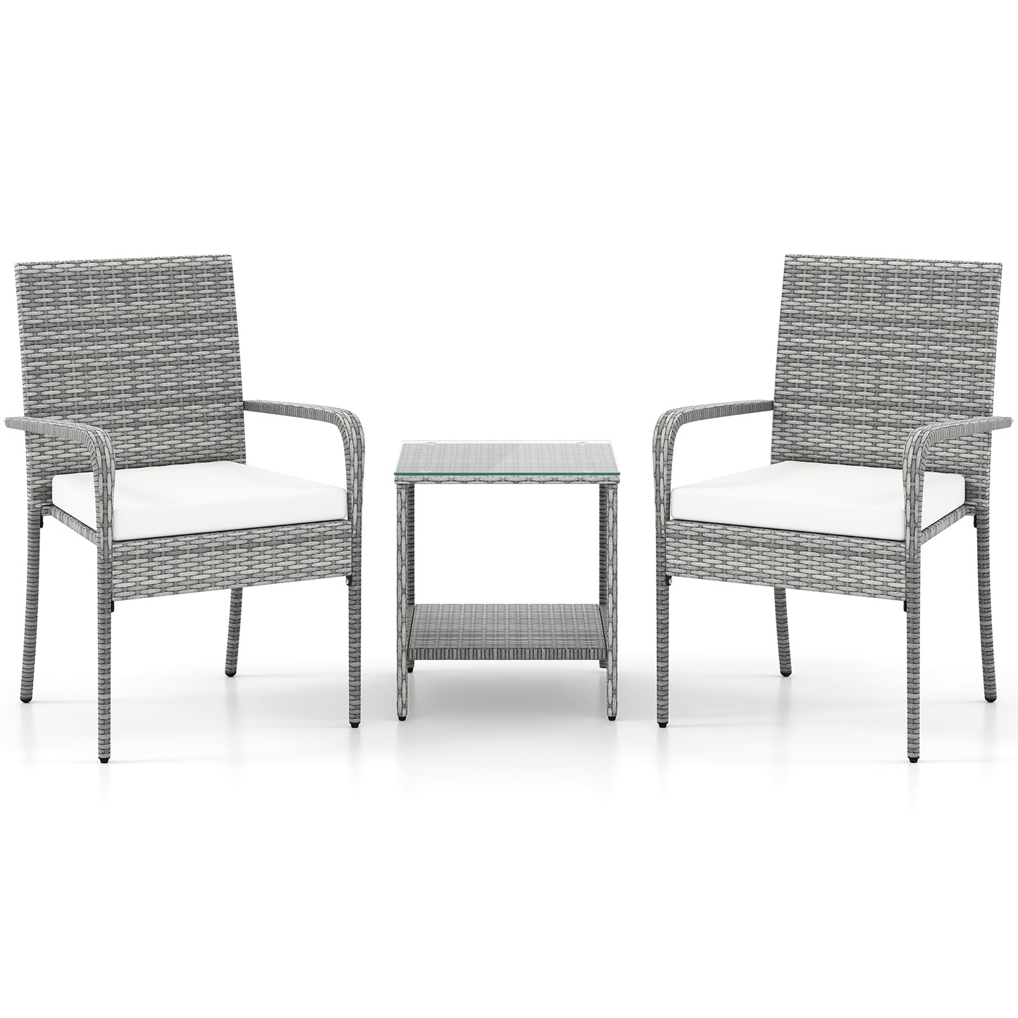 3 Piece Patio Furniture Set with Seat Cushions and Tempered Glass Tabletop for Balcony, White Patio Furniture Sets at Gallery Canada