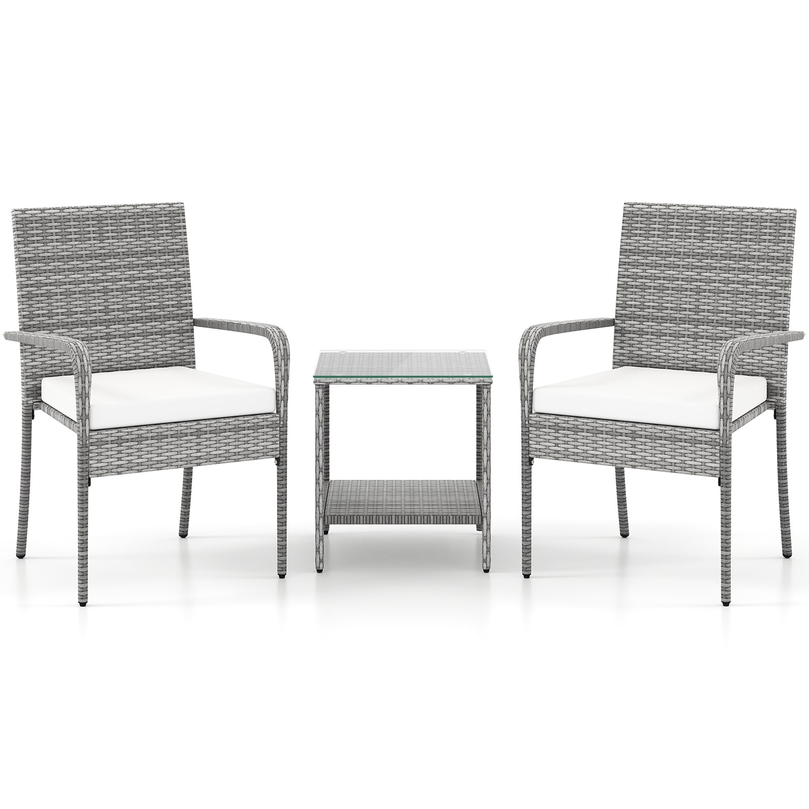 3 Piece Patio Furniture Set with Seat Cushions and Tempered Glass Tabletop for Balcony, White Patio Furniture Sets at Gallery Canada