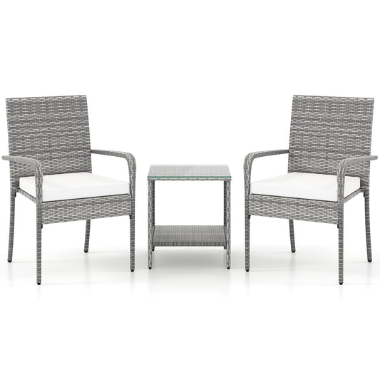 3 Piece Patio Furniture Set with Seat Cushions and Tempered Glass Tabletop for Balcony, White Patio Furniture Sets White at Gallery Canada