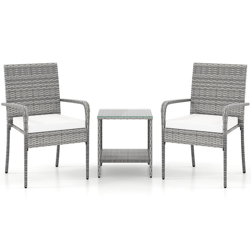 3 Piece Patio Furniture Set with Seat Cushions and Tempered Glass Tabletop for Balcony, White