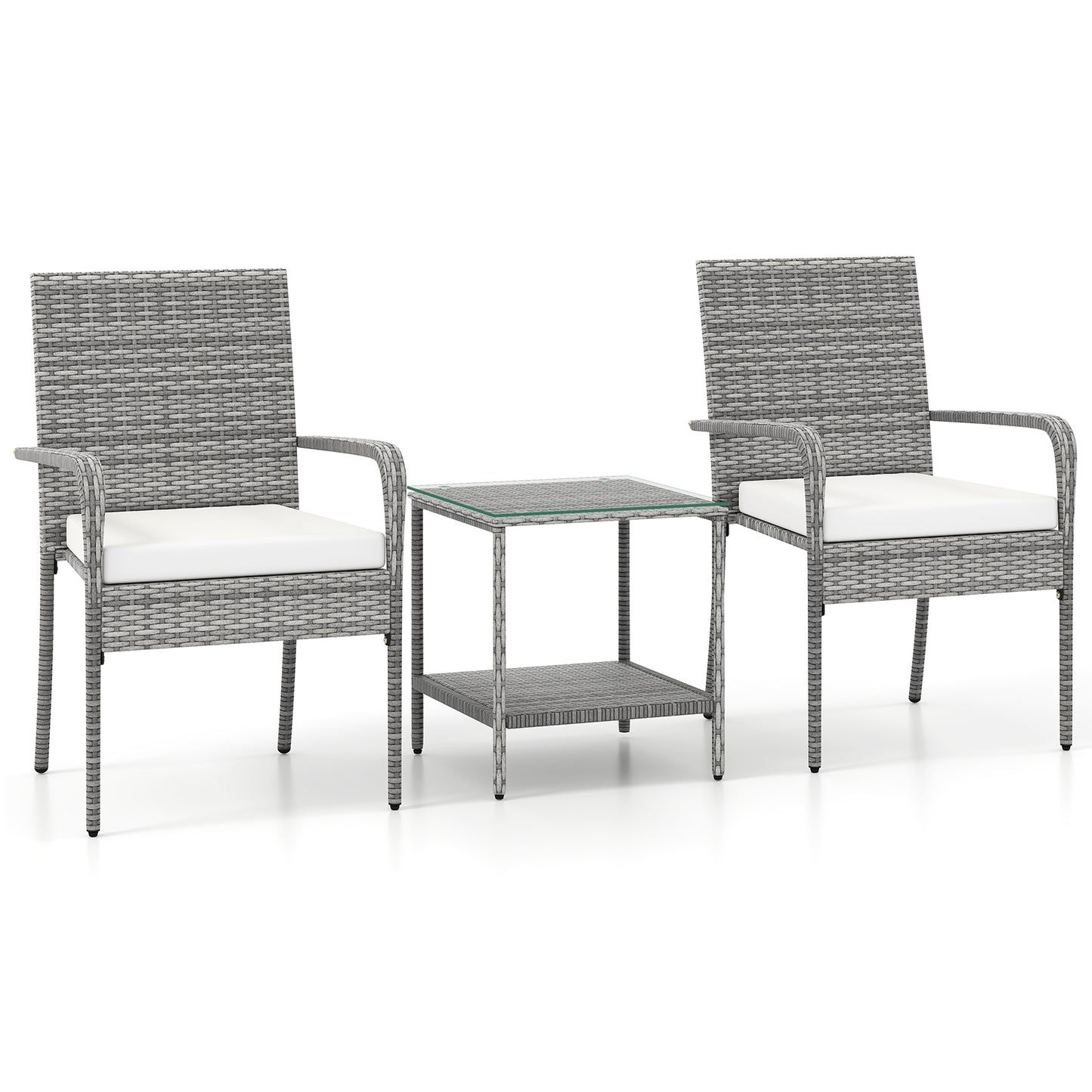 3 Piece Patio Furniture Set with Seat Cushions and Tempered Glass Tabletop for Balcony, White Patio Furniture Sets at Gallery Canada