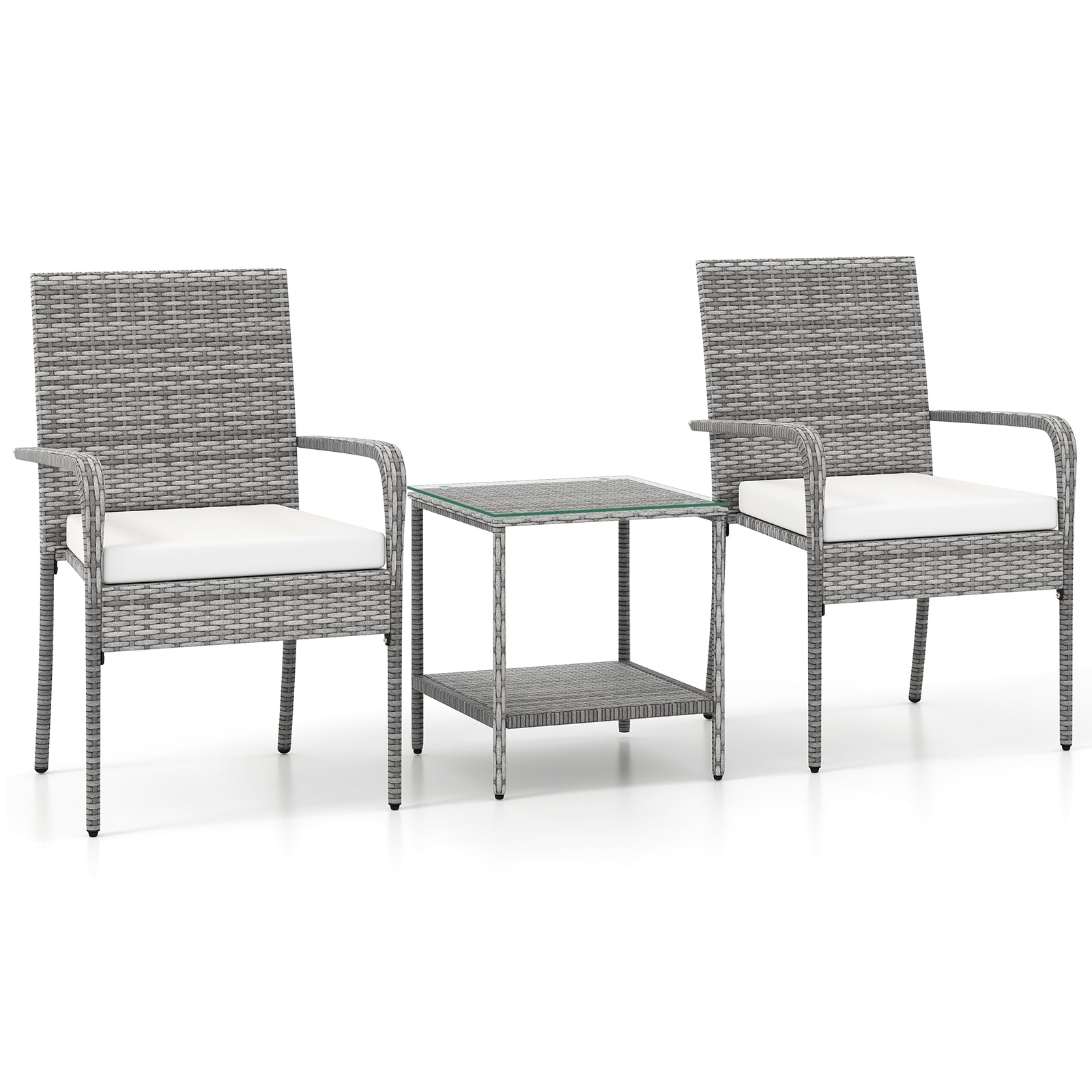 3 Piece Patio Furniture Set with Seat Cushions and Tempered Glass Tabletop for Balcony, White Patio Furniture Sets at Gallery Canada
