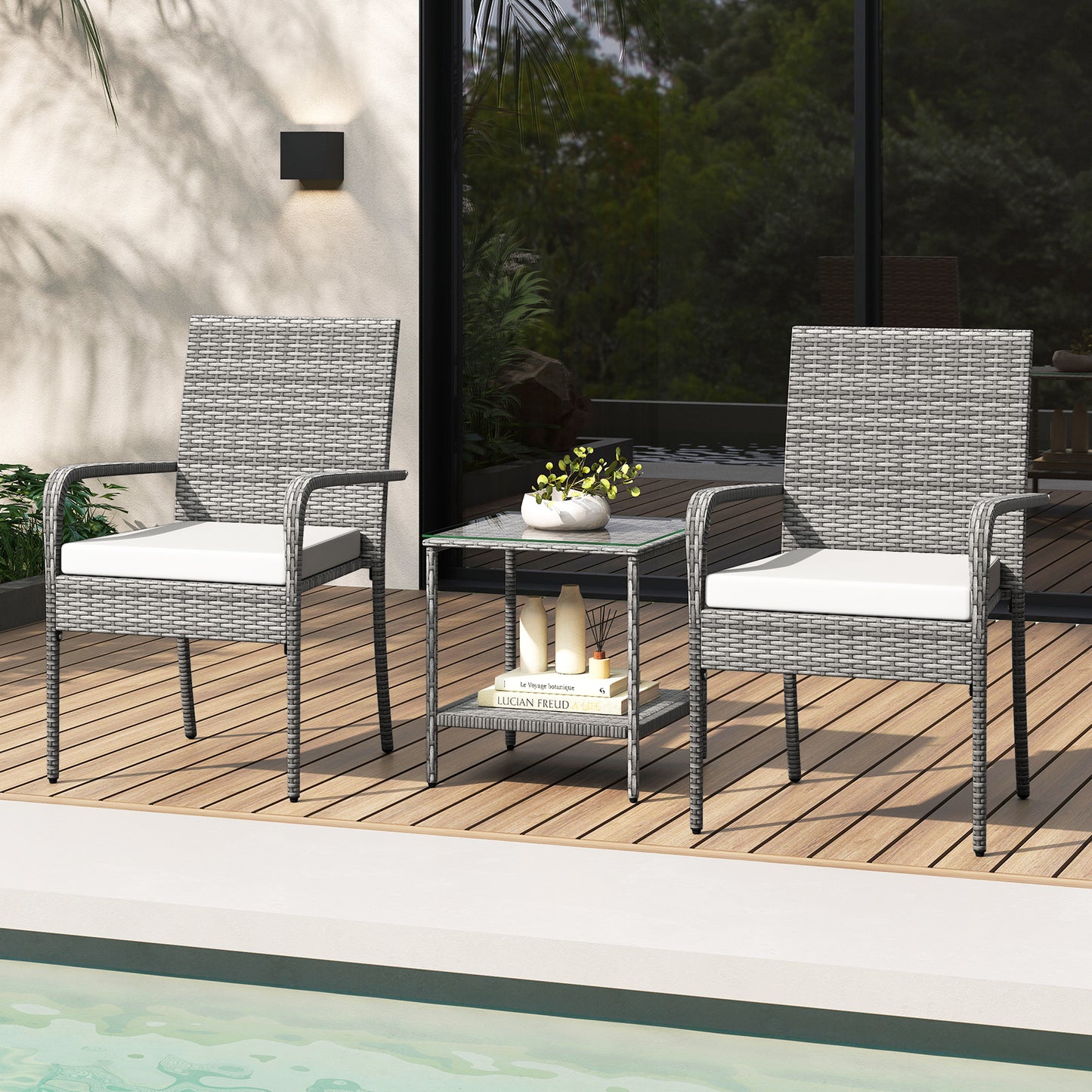 3 Piece Patio Furniture Set with Seat Cushions and Tempered Glass Tabletop for Balcony, White Patio Furniture Sets at Gallery Canada