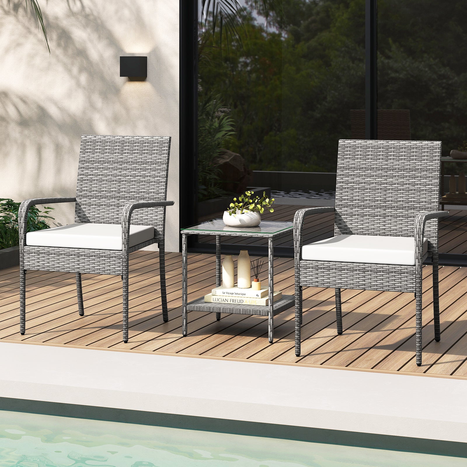 3 Piece Patio Furniture Set with Seat Cushions and Tempered Glass Tabletop for Balcony, White Patio Furniture Sets at Gallery Canada