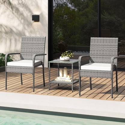 3 Piece Patio Furniture Set with Seat Cushions and Tempered Glass Tabletop for Balcony, White Patio Furniture Sets at Gallery Canada
