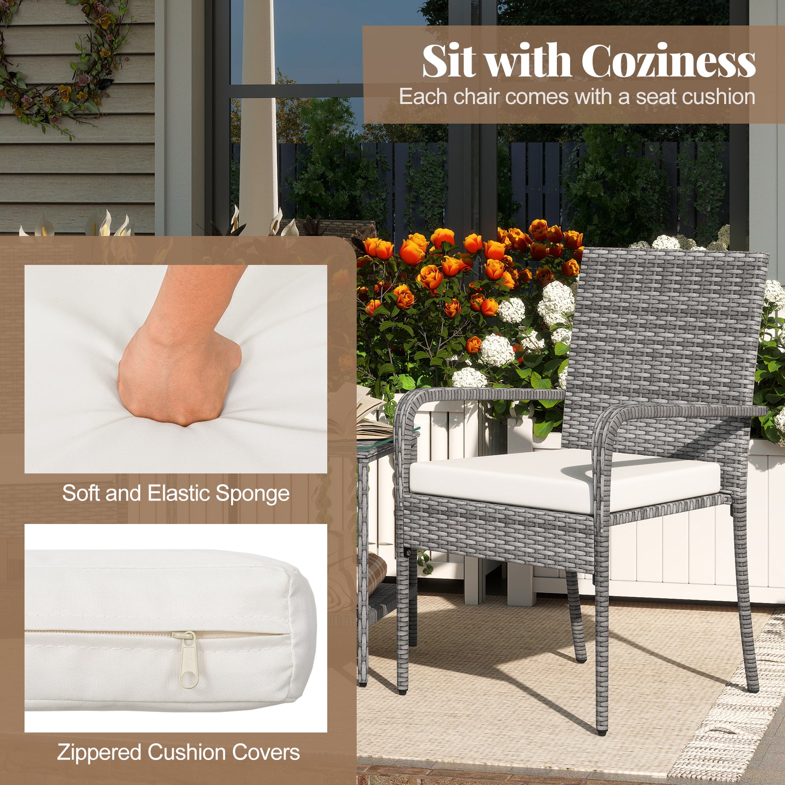 3 Piece Patio Furniture Set with Seat Cushions and Tempered Glass Tabletop for Balcony, White Patio Furniture Sets at Gallery Canada