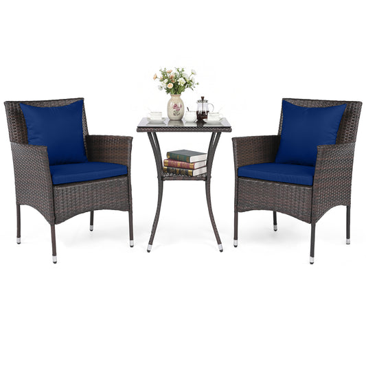 3-Piece Patio Set, Rattan Bistro Chairs, 2-Tier Tempered Glass Table, Navy Patio Conversation Sets Navy at Gallery Canada