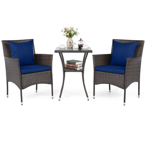 3-Piece Patio Set, Rattan Bistro Chairs, 2-Tier Tempered Glass Table, Navy