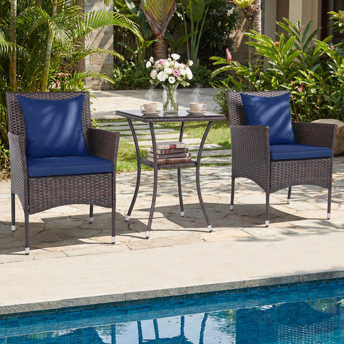 3-Piece Patio Set, Rattan Bistro Chairs, 2-Tier Tempered Glass Table, Navy