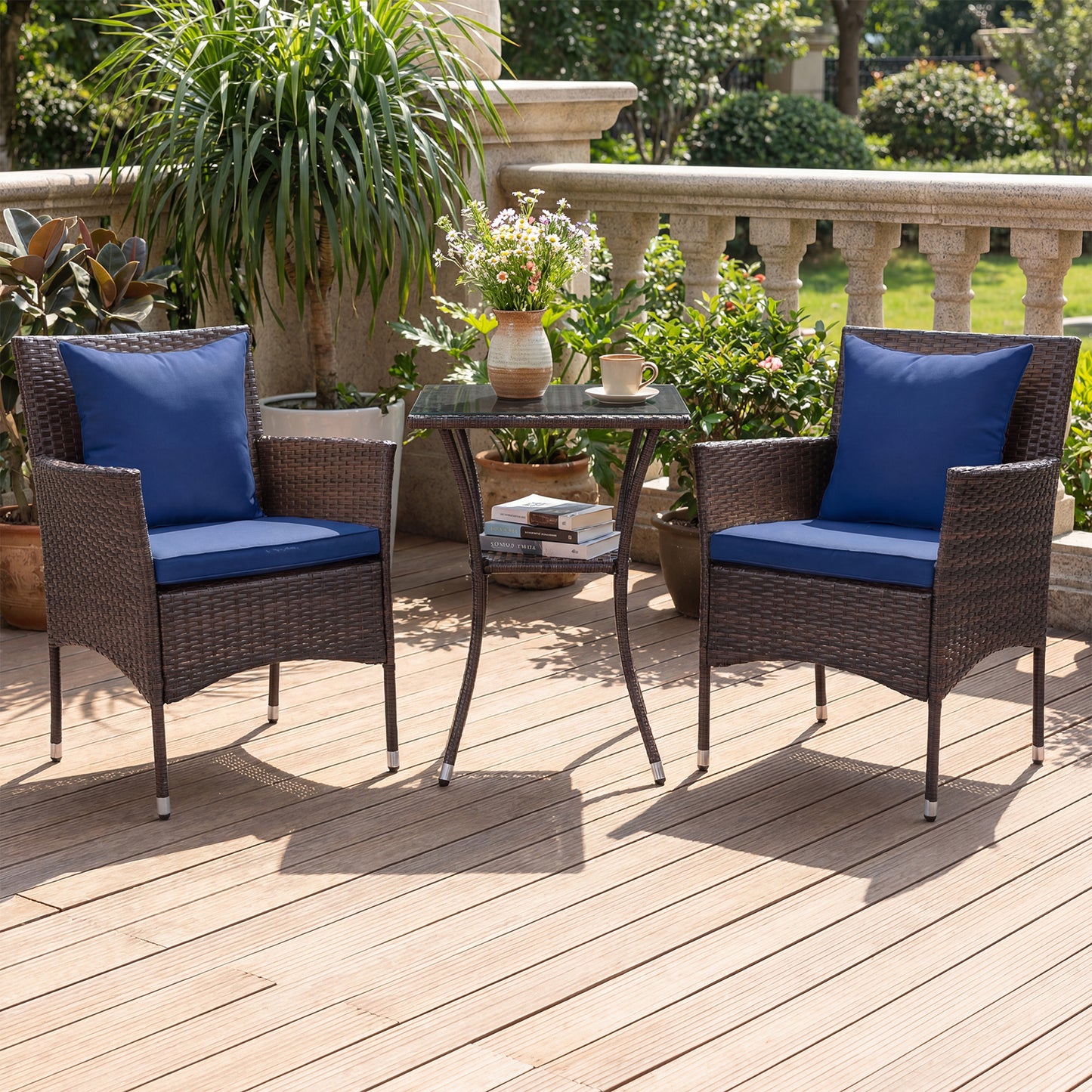 3-Piece Patio Set, Rattan Bistro Chairs, 2-Tier Tempered Glass Table, Navy Patio Conversation Sets at Gallery Canada