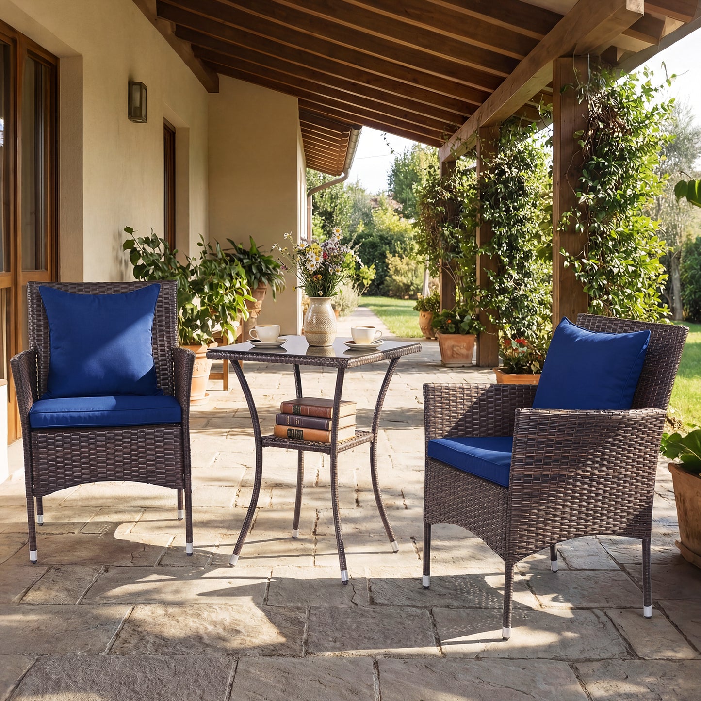 3-Piece Patio Set, Rattan Bistro Chairs, 2-Tier Tempered Glass Table, Navy Patio Conversation Sets at Gallery Canada