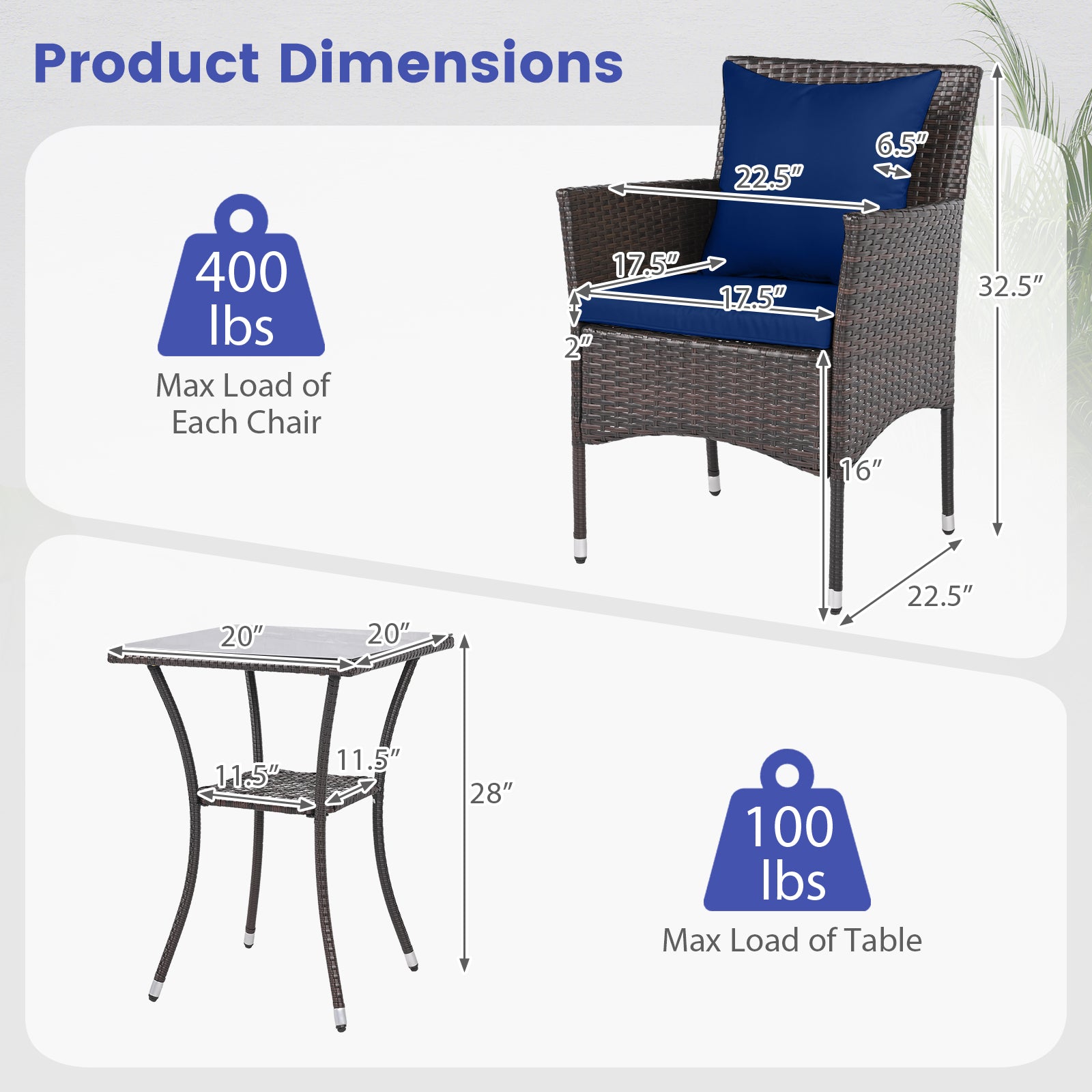 3-Piece Patio Set, Rattan Bistro Chairs, 2-Tier Tempered Glass Table, Navy Patio Conversation Sets at Gallery Canada