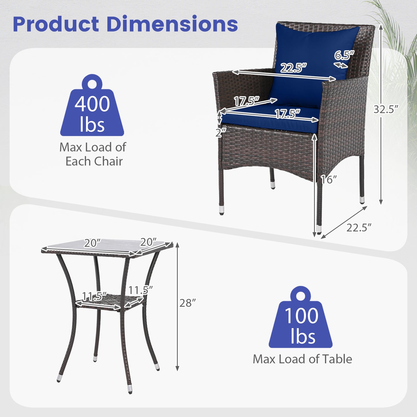 3-Piece Patio Set, Rattan Bistro Chairs, 2-Tier Tempered Glass Table, Navy Patio Conversation Sets at Gallery Canada
