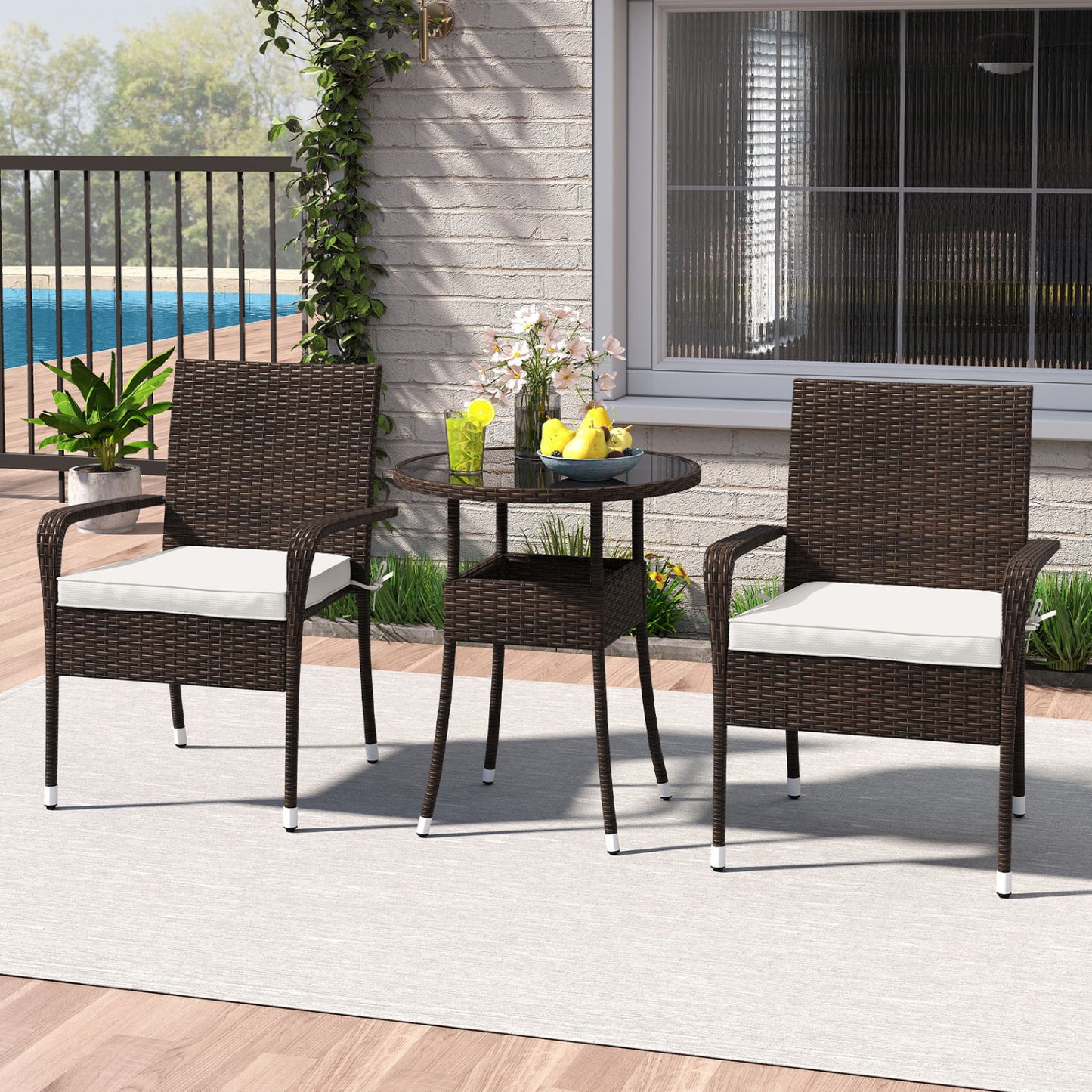 3-Piece Patio Set, PE Rattan Wicker Chairs, Tempered Glass Table, White Patio Conversation Sets at Gallery Canada