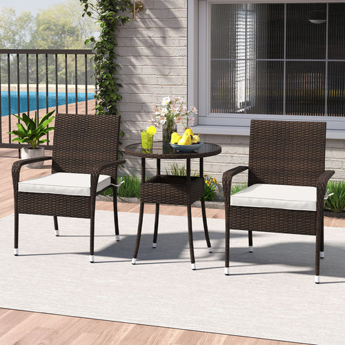 3-Piece Patio Set, PE Rattan Wicker Chairs, Tempered Glass Table, White